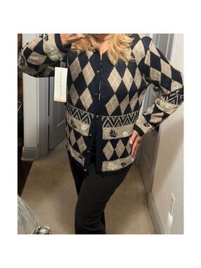 Women's Alfred Dunner Cardigan M Navy Beige Argyle